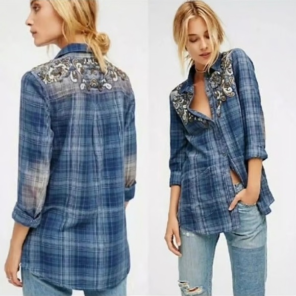 Free People Stevie's Embellished Plaid Shirt Tunic in blue size M - Picture 1 of 11